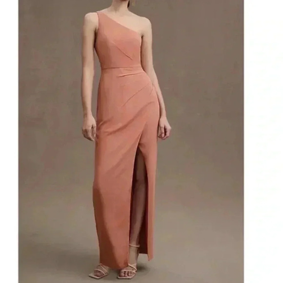 BHLDN Chloe Dusty Pink One-shoulder Side-Slit Stretch Dress Gown Size 4 - Picture 2 of 12
